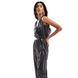 🖤 JDY Glitter V-Neck Belted Jumpsuit – Black & Silver, Size M (US 6–8)